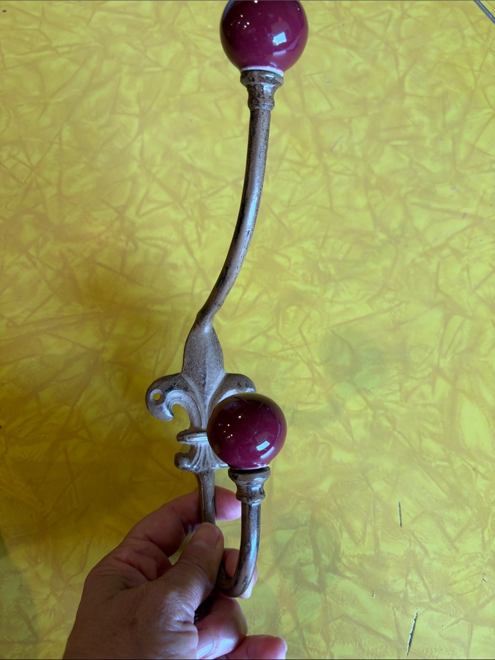 Source Unknown Metal Wall Hook with Deep Red Ceramic Knobs